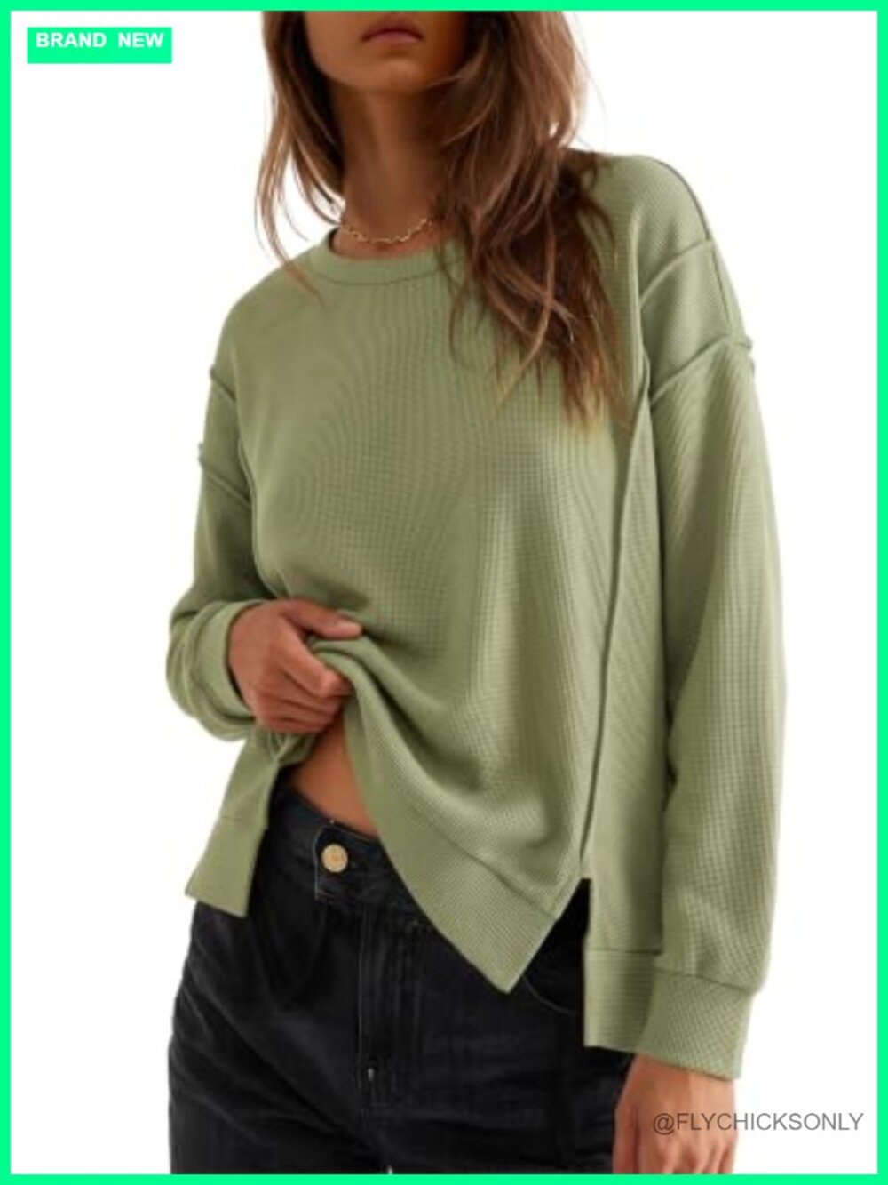 Waffle Knit Crewneck Sweatshirt Loose Fit Long Sleeve Pullover